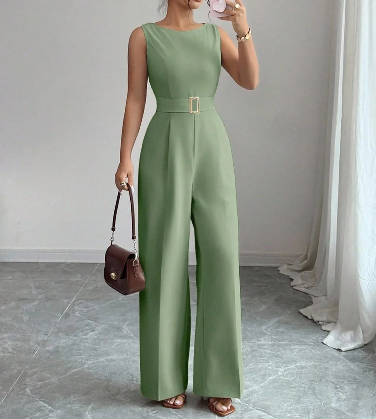 Women's Sleeveless Wide Leg Belted Jumpsuit