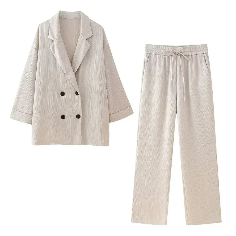 Women's Double-Breasted Blazer and Wide-Leg Trousers Set – Elegant Relaxed Tailored Suit for Office and Formal Occasions