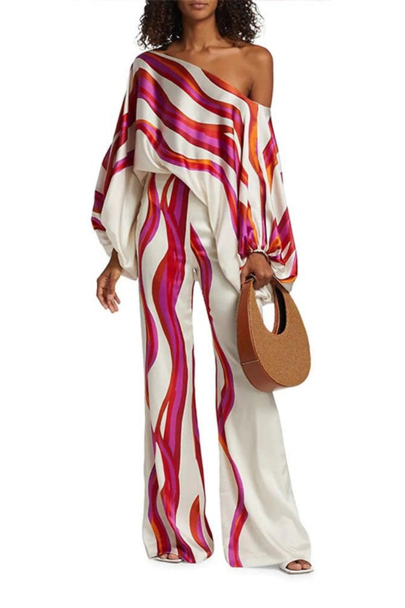 Coordinated Abstract Waves Two-Piece Set Rose Red