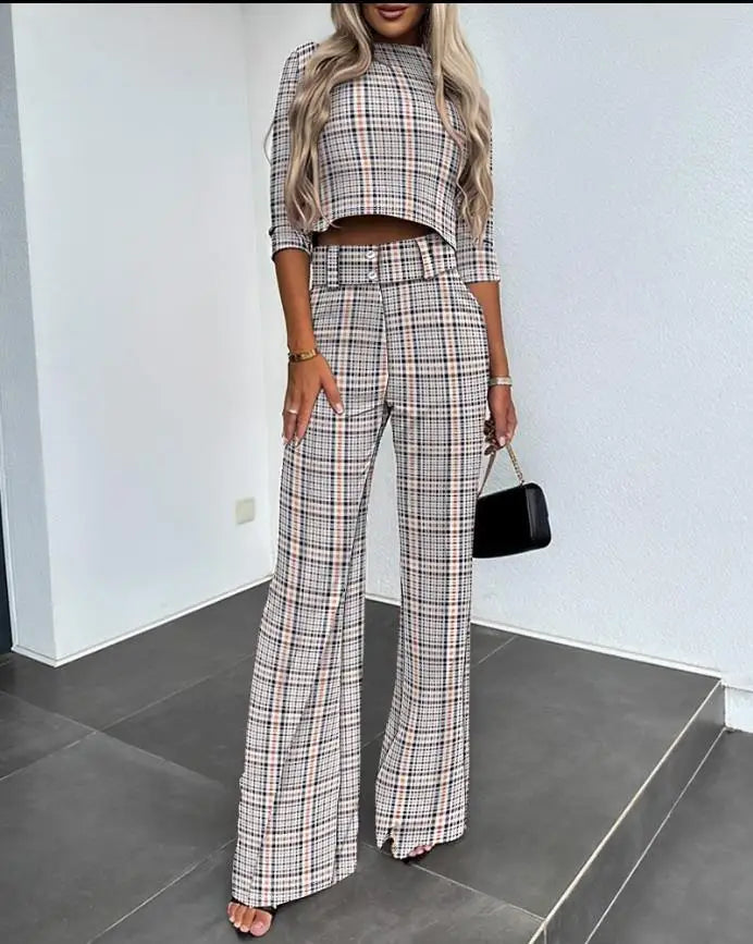 Women’s Elegant Cropped Three Quarter Sleeve Top and High Waisted Wide Leg Trouser Set – Modern Two-Piece Smart Casual Outfit