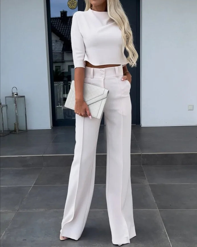Women’s Elegant Cropped Three Quarter Sleeve Top and High Waisted Wide Leg Trouser Set – Modern Two-Piece Smart Casual Outfit
