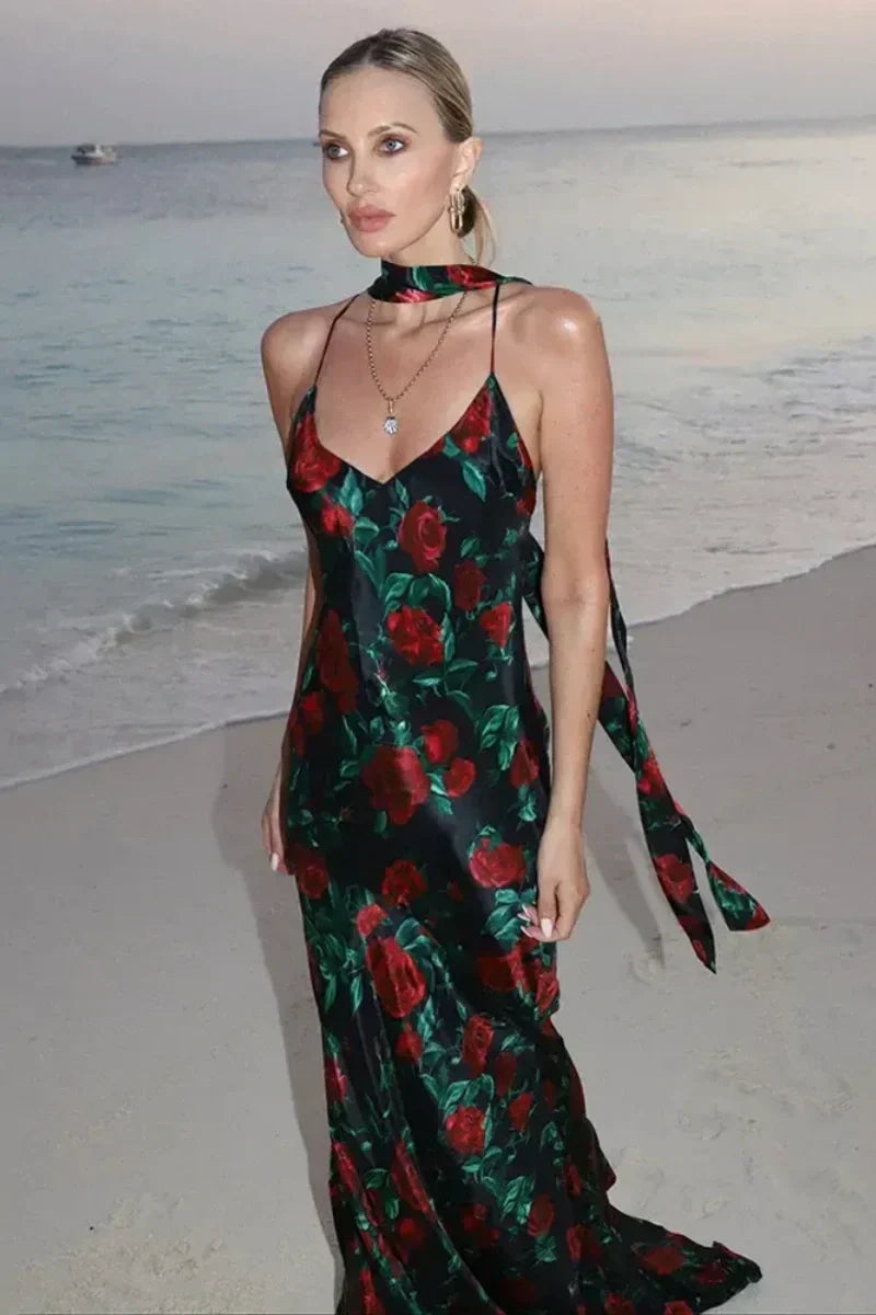 Flower Print Open-Back Maxi-Length Dress