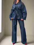 Women's Belted Denim Jacket and Wide-Leg Trousers Set – Relaxed Utility Style for Everyday Casual Wear