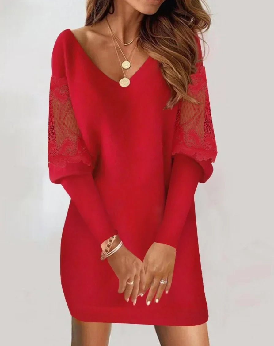 Marilyn – Elegant V-Neck Long Sleeve Lace-Sleeve Comfort Dress