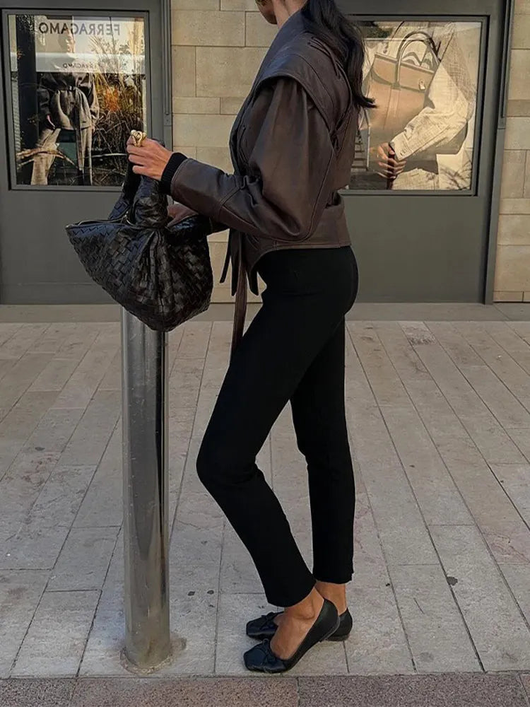 Women's Belted Leather Jacket with Wrap Front and Structured Shoulders – Elegant Short Outerwear for Smart Casual Autumn Styling and Statement Everyday Wear