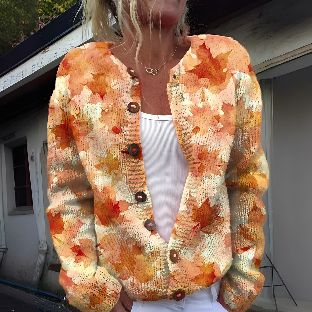 Women’s Soft Textured Printed Button Front Cardigan – Cosy Relaxed Knit Layer for Autumn and Winter