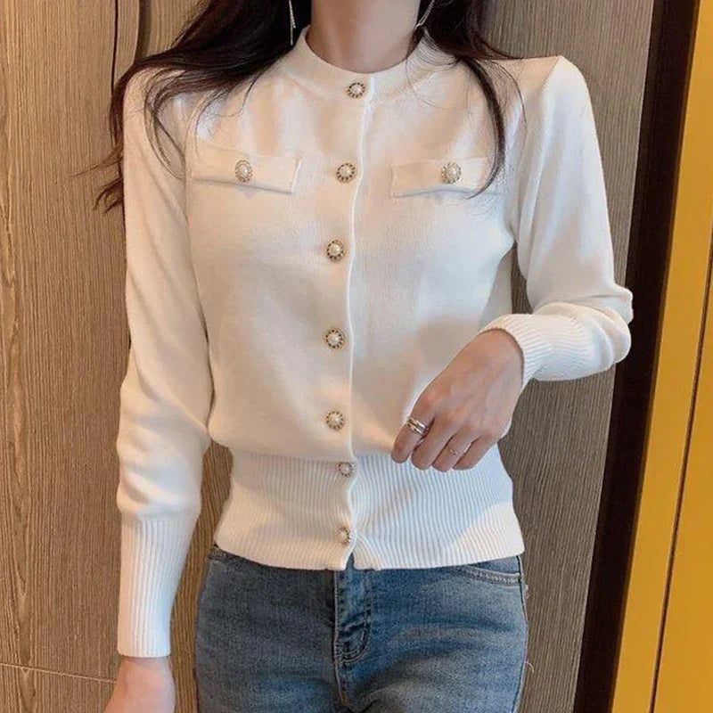 Women's Elegant Fine Knit Cardigan – Fitted High Neck Button-Up Sweater with Decorative Pearl-Style Buttons for Smart Casual Wear