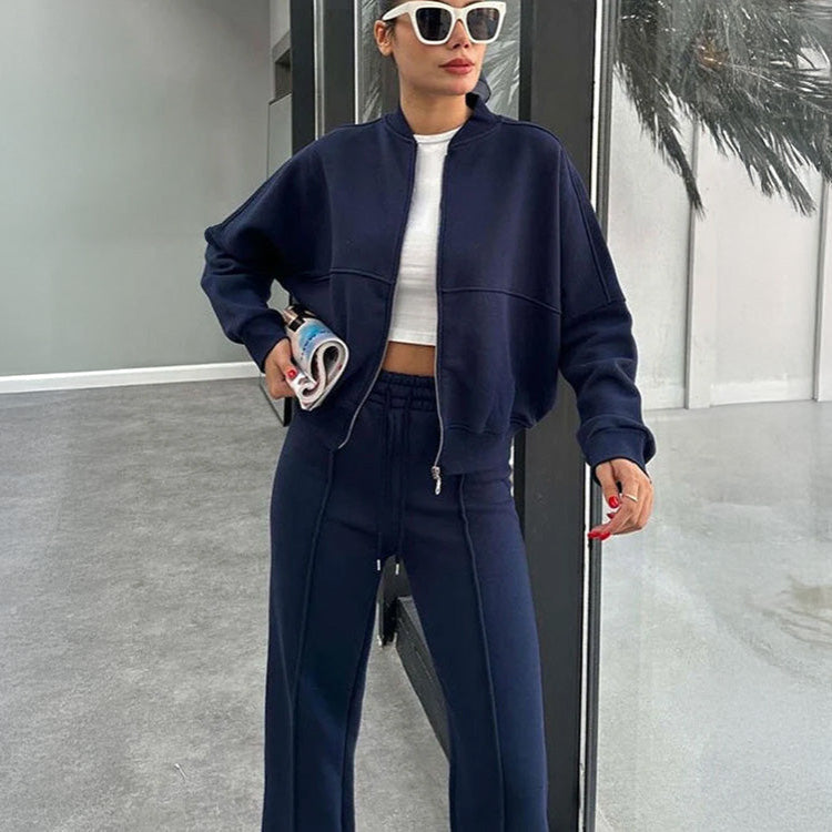 Women's Two-Piece Tracksuit Set with Cropped Zip-Up Bomber Jacket and High-Waisted Wide Leg Joggers – Relaxed Fit Warm Casual Sportswear for Everyday Streetwear and Autumn Winter Lounge Outfits