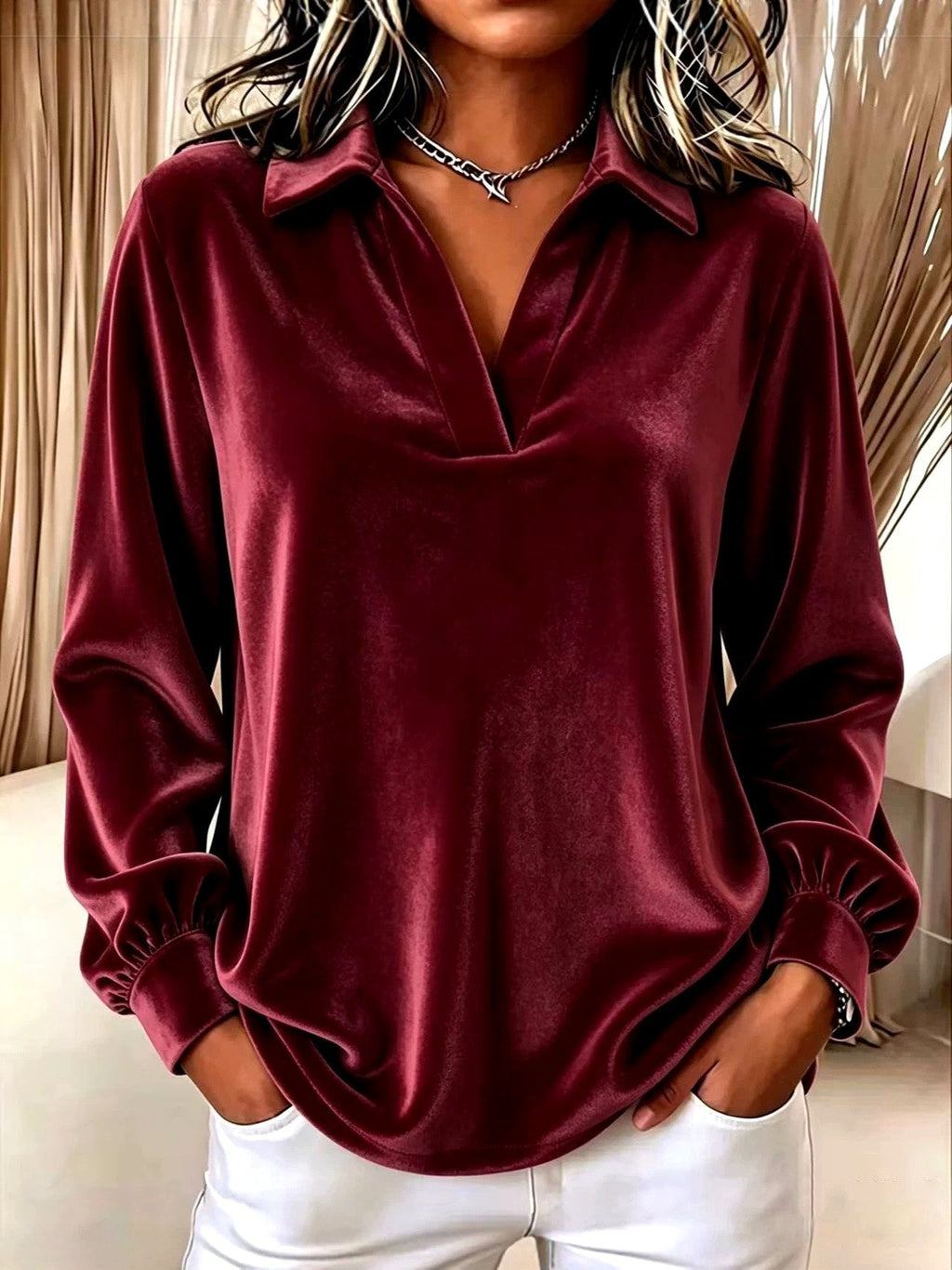 Shelley - Women's Velvet V-Neck Long Sleeve Hoodie
