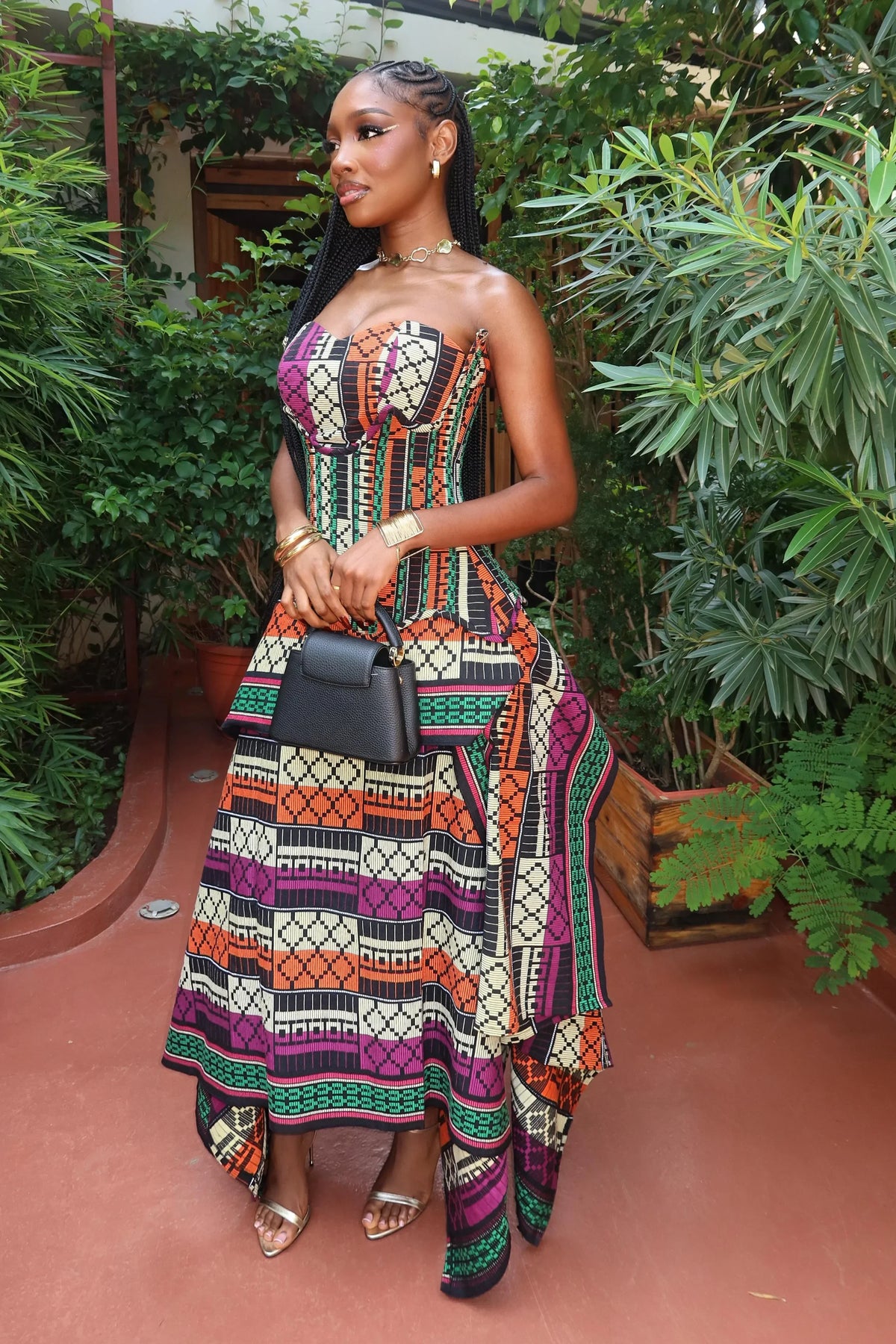 Coordinated Multicolor Print Strapless Corset-Style Top and Skirt Set