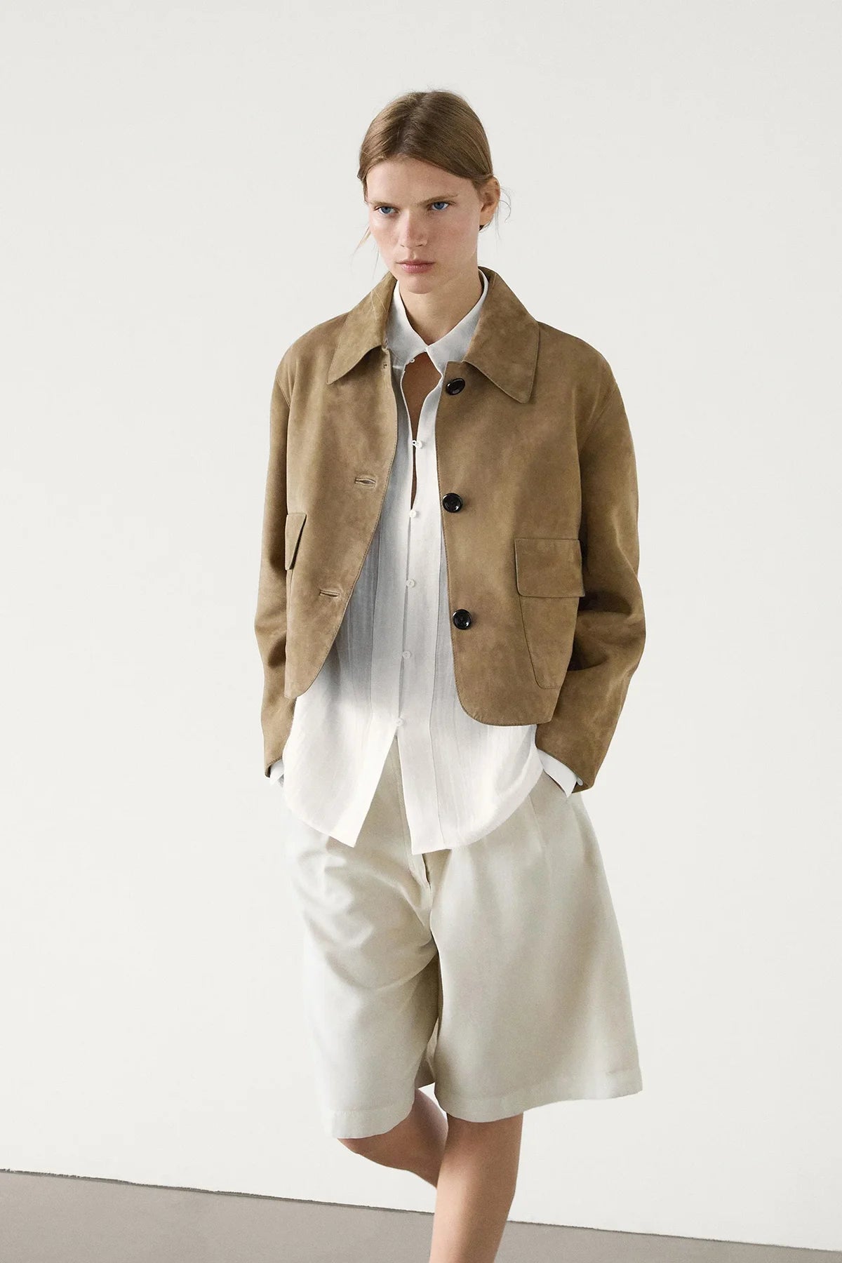 Suede Jacket with Button Closure and Pockets