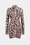 Women's Leopard Print Ruched Mini Dress – Fitted Long Sleeve High Neck Bodycon Dress for Evening Parties and Special Occasions