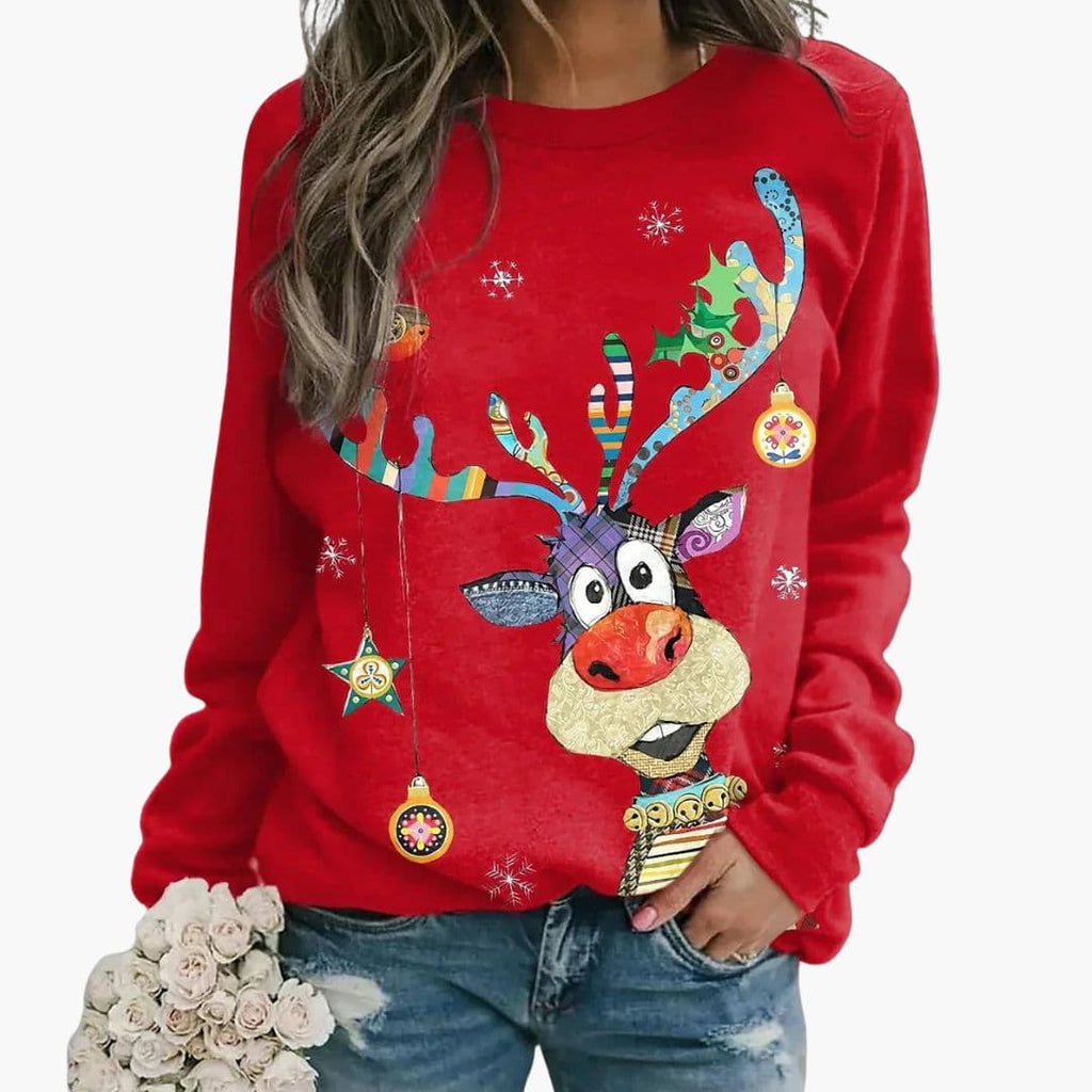 Women’s Christmas Reindeer Sweatshirt with Long Sleeves – Relaxed Crew Neck Style for Casual Festive Outfits