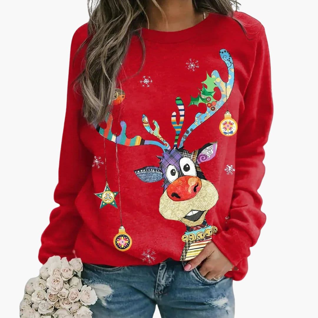 Women’s Christmas Reindeer Sweatshirt with Long Sleeves – Relaxed Crew Neck Style for Casual Festive Outfits
