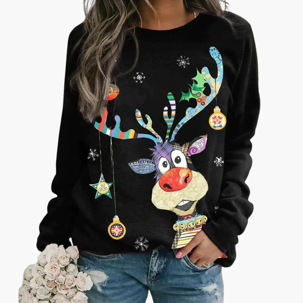 Women’s Christmas Reindeer Sweatshirt with Long Sleeves – Relaxed Crew Neck Style for Casual Festive Outfits