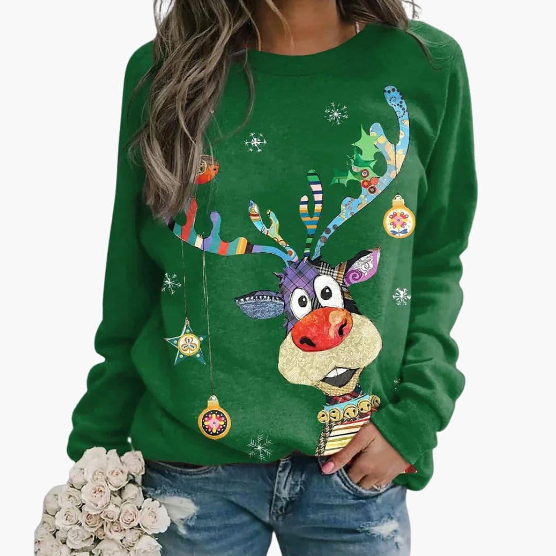 Women’s Christmas Reindeer Sweatshirt with Long Sleeves – Relaxed Crew Neck Style for Casual Festive Outfits