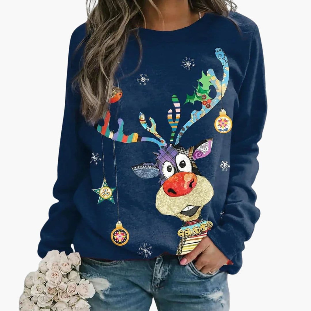 Women’s Christmas Reindeer Sweatshirt with Long Sleeves – Relaxed Crew Neck Style for Casual Festive Outfits