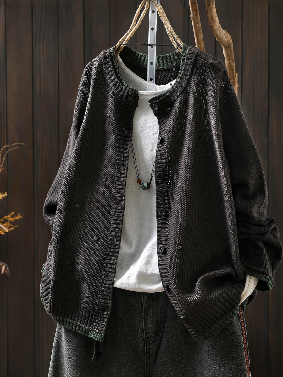 Women’s Relaxed Textured Knit Cardigan with Round Neck and Button Front – Casual Layer for Spring and Autumn