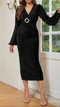 Women's Elegant V Neck Midi Evening Dress – Ruched Waist with Crystal Embellished Buckle and Long Balloon Sleeves for Formal Occasions