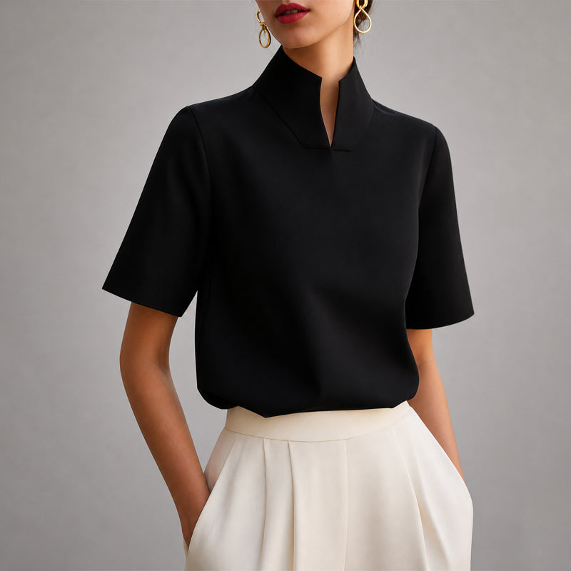 Women's Short Sleeve Blouse with Stand Collar