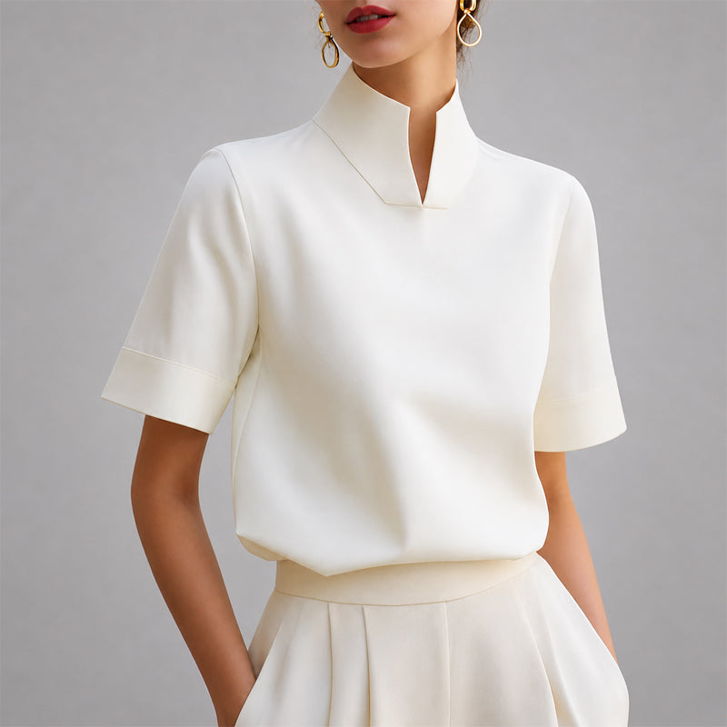 Women's Short Sleeve Blouse with Stand Collar