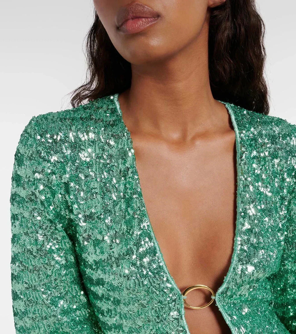 Women's Glitter Sequin Mini Dress V-Neck – Wide Sleeves Ring Detail