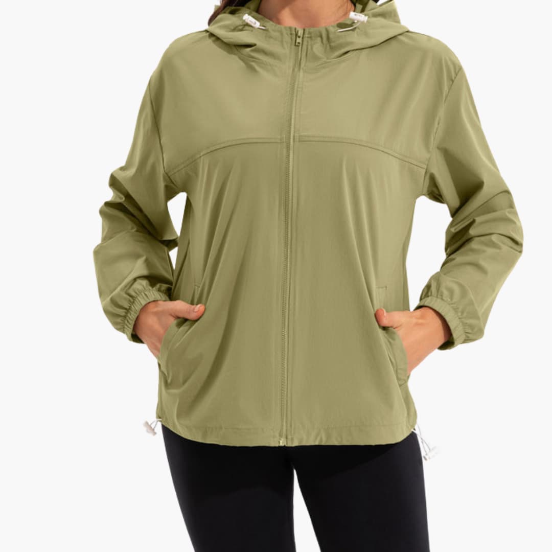 Women’s Lightweight Hooded Zip-Up Sports Jacket with Adjustable Drawcords – Relaxed Casual Outerwear for Spring and Summer