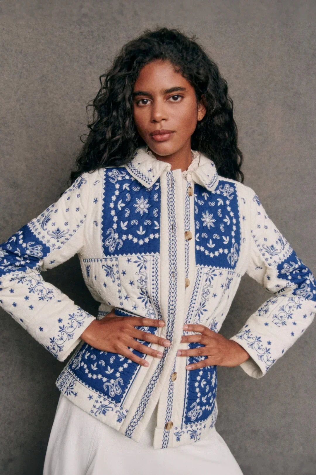 Modern Blue Ecru Bandana Quilted Jacket