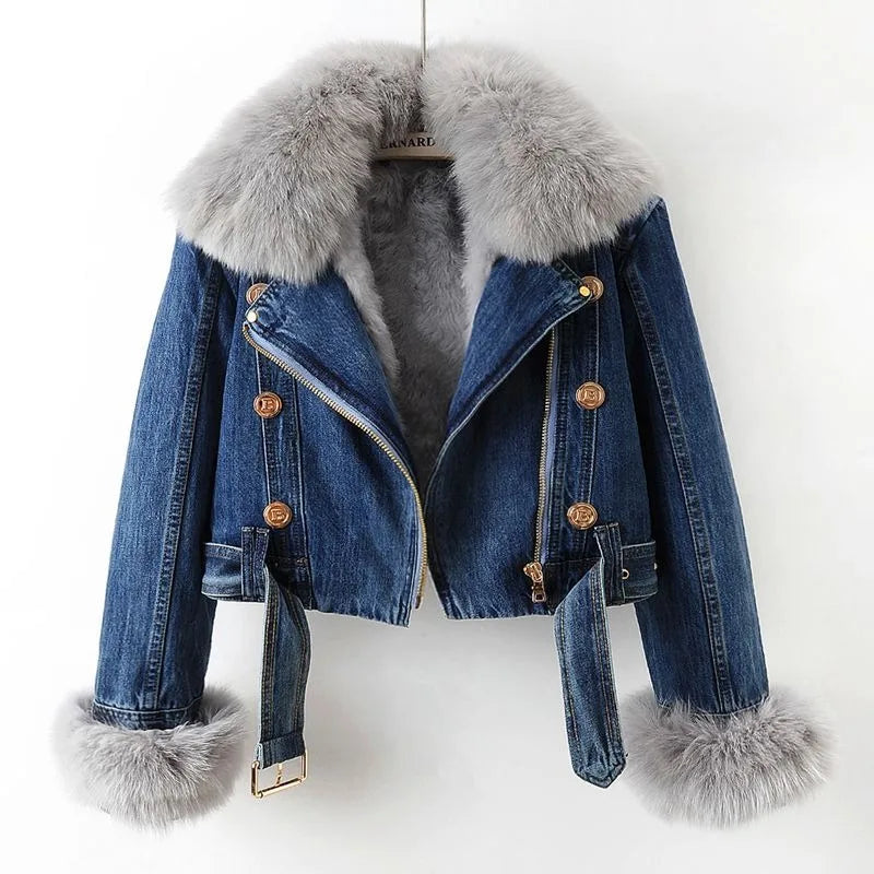 Women’s Cropped Denim Jacket with Plush Fur Collar and Cuffs – Warm Casual Winter Outerwear with Statement Detailing