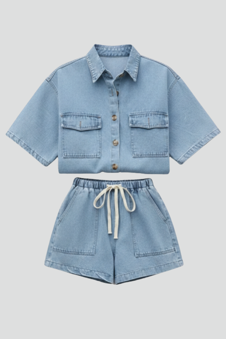Women's Relaxed Denim Two-Piece Summer Set – Oversized Short Sleeve Button Front Shirt and Drawstring Shorts for Casual Everyday Wear