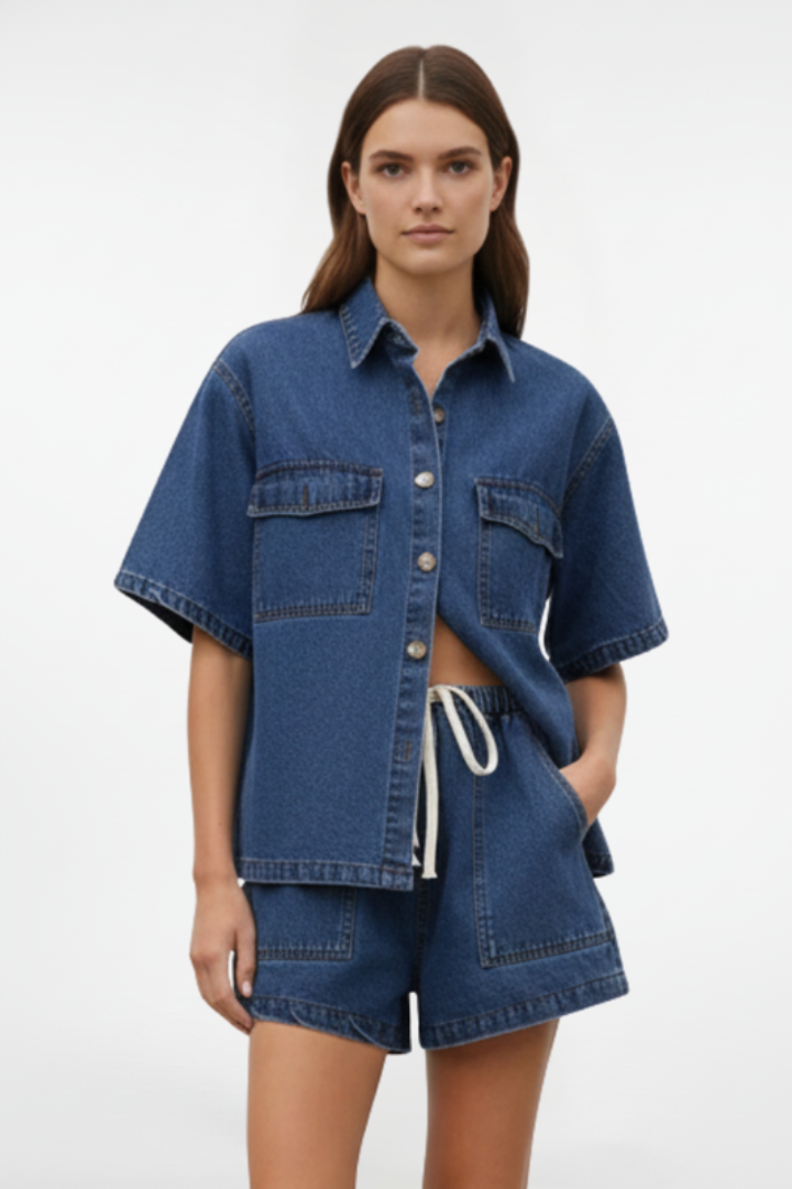Women's Relaxed Denim Two-Piece Summer Set – Oversized Short Sleeve Button Front Shirt and Drawstring Shorts for Casual Everyday Wear
