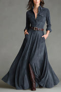 Faux Suede Shirt Collar Single-Breasted Belted Floor-Maxi-Length Dress