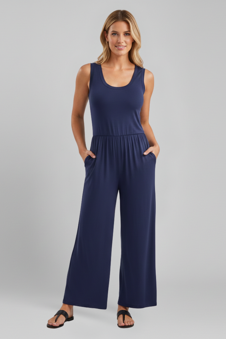 Women's Sleeveless Wide-Leg Jumpsuit with Scoop Neck and Elastic Waist – Relaxed Summer Casual Wear