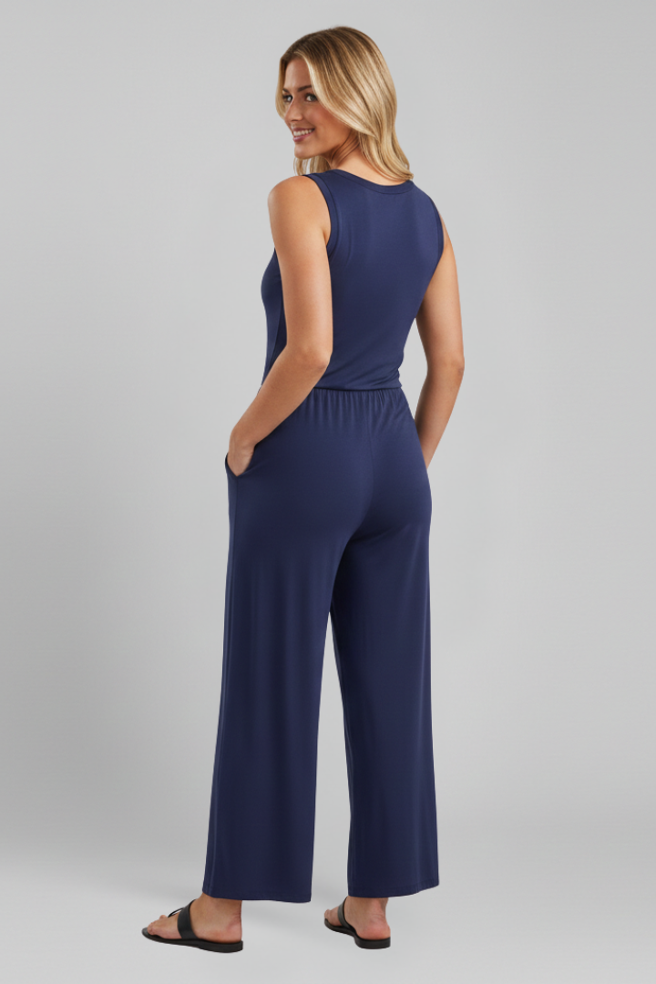 Women's Sleeveless Wide-Leg Jumpsuit with Scoop Neck and Elastic Waist – Relaxed Summer Casual Wear