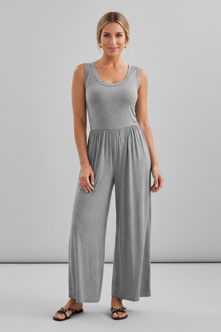 Women's Sleeveless Wide-Leg Jumpsuit with Scoop Neck and Elastic Waist – Relaxed Summer Casual Wear