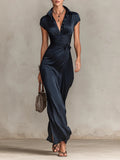Modern Satin Button Lapel Short Sleeve Waist Length Dress