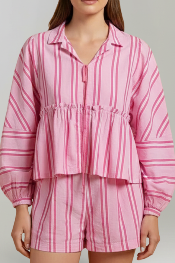 Women's Printed Two-Piece Summer Shorts Set – Relaxed Long Sleeve Collared Blouse with Gathered Waist and High Waisted Shorts for Holiday Wear