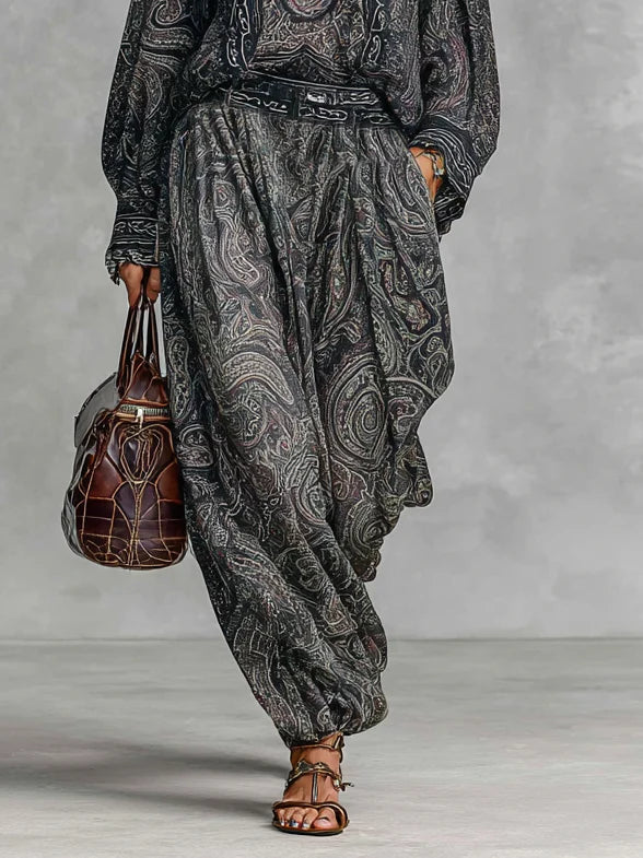 Retro Paisley Print Long Sleeve Shirt Trousers Two-Piece Set