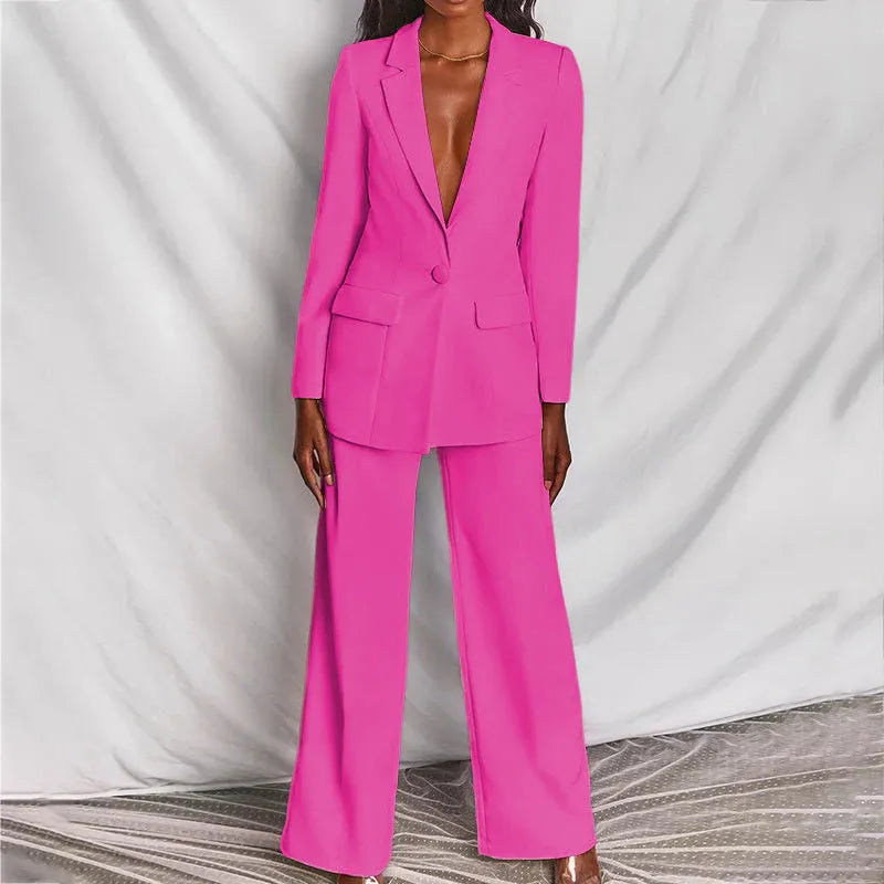 Women’s Tailored Longline Blazer and Wide Leg Trouser Suit – Elegant Single Button Two-Piece Outfit for Business and Formal Occasions