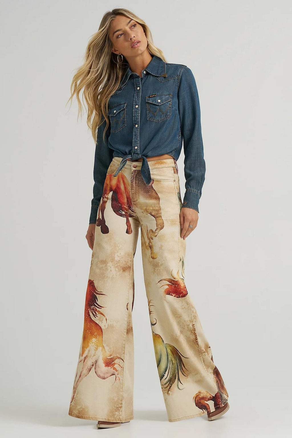 Horse Patterned Flared Denim Jeans