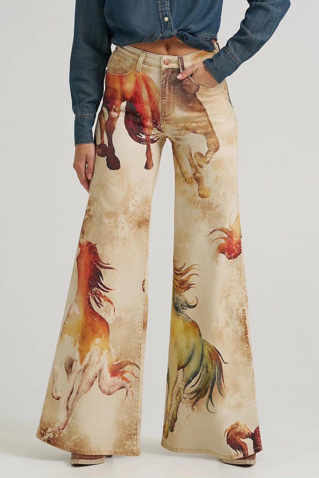 Horse Patterned Flared Denim Jeans