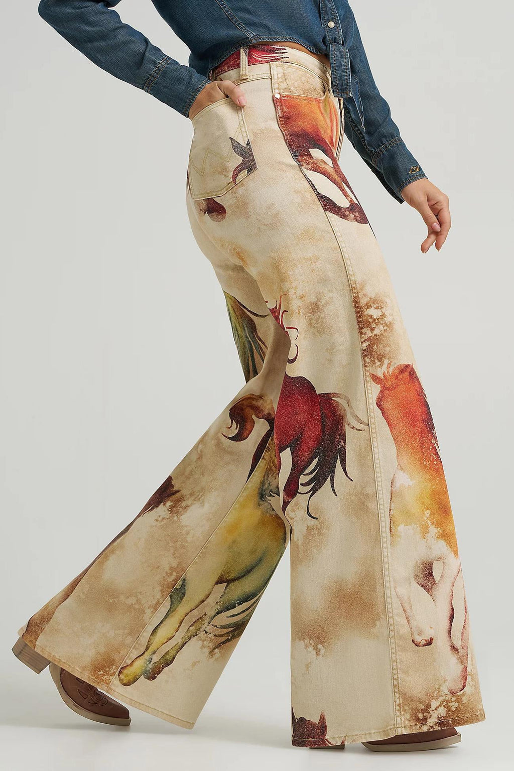 Horse Patterned Flared Denim Jeans