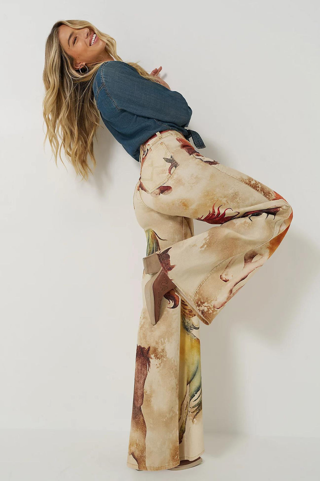 Horse Patterned Flared Denim Jeans