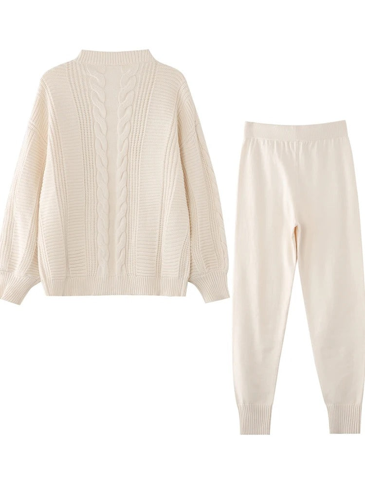 Women's Cable Knit Button-Up Cardigan and Drawstring Jogger Trousers Set – Cosy Two-Piece Loungewear for Autumn and Winter