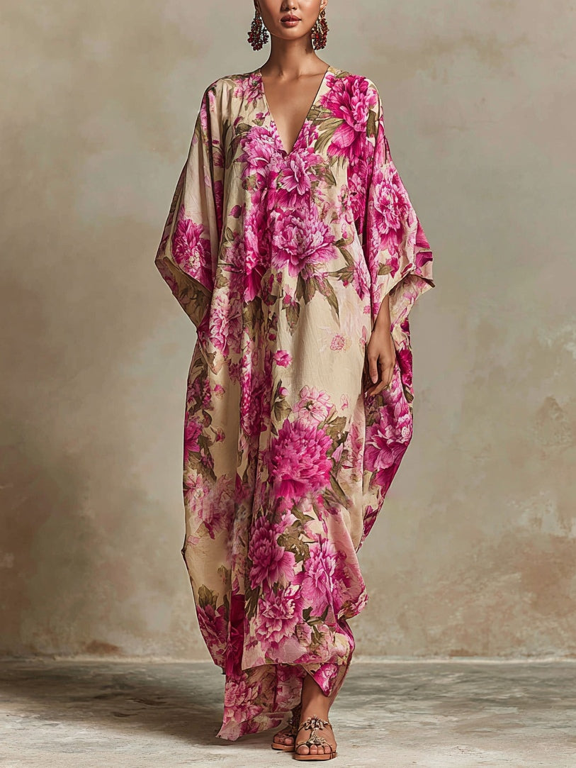 Flower Art Resort V-Neck Batwing Sleeve Kaftan Maxi-Length Dress