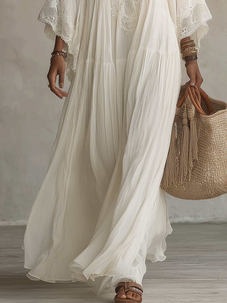 Hattie - White Lace V-neck Batwing Sleeve Chiffon Maxi Dress