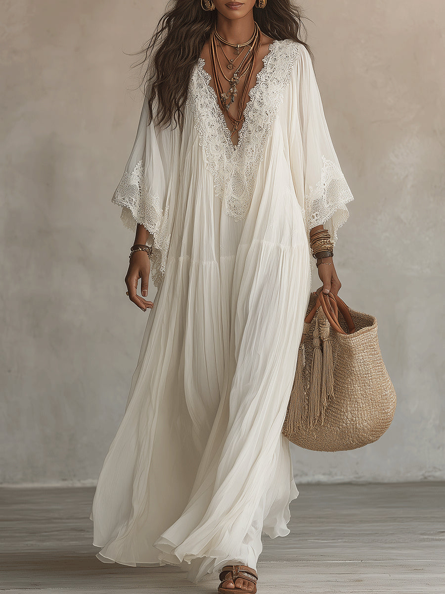 Hattie - Long-Sleeve Boho White Lace V-neck Batwing Sleeve Chiffon Maxi Dress