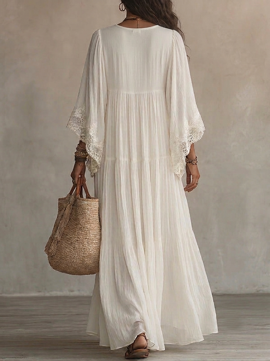 Millie - White Lace V-neck Batwing Sleeve Chiffon Maxi Dress