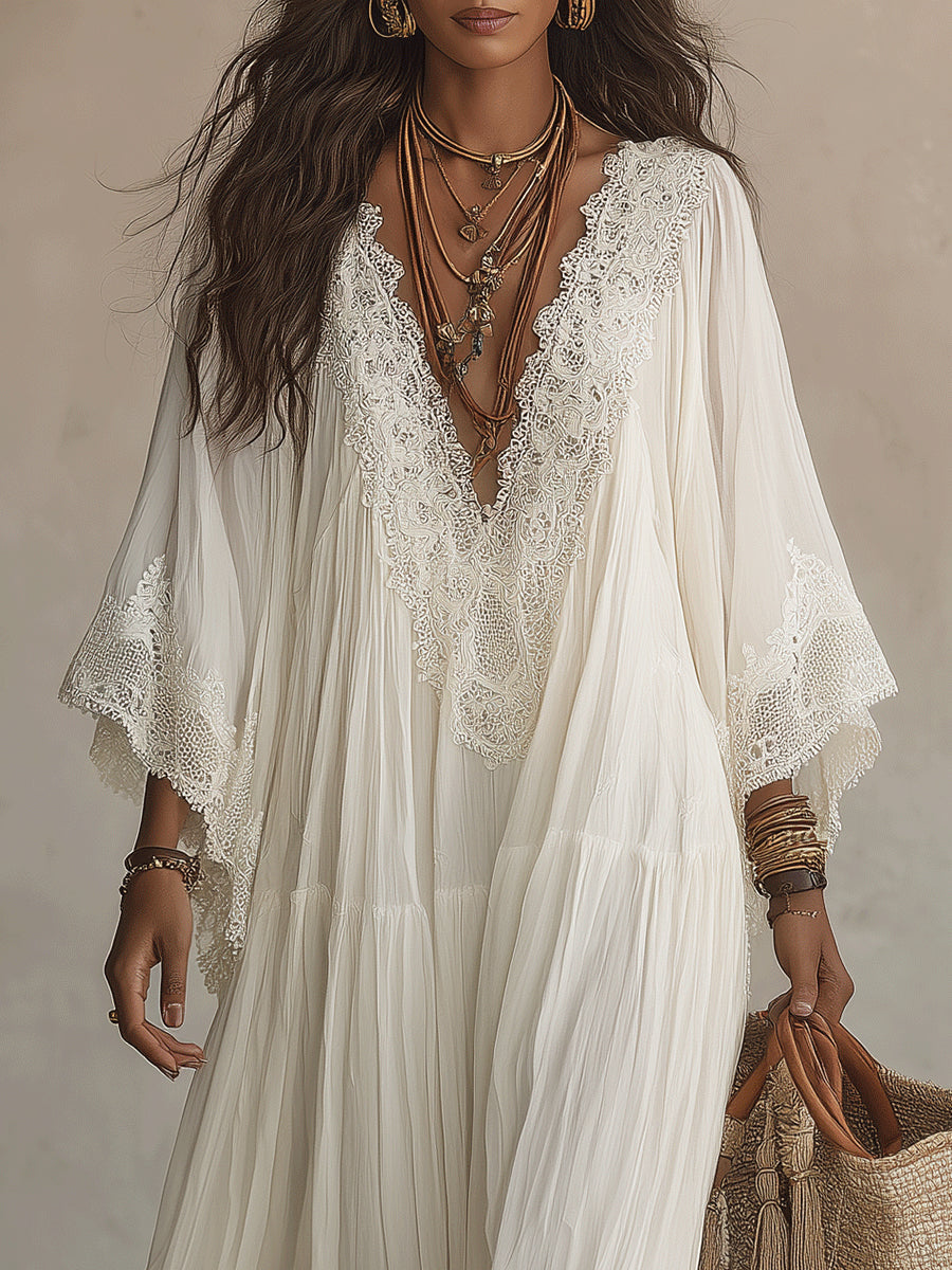 Hattie - Long-Sleeve Boho White Lace V-neck Batwing Sleeve Chiffon Maxi Dress