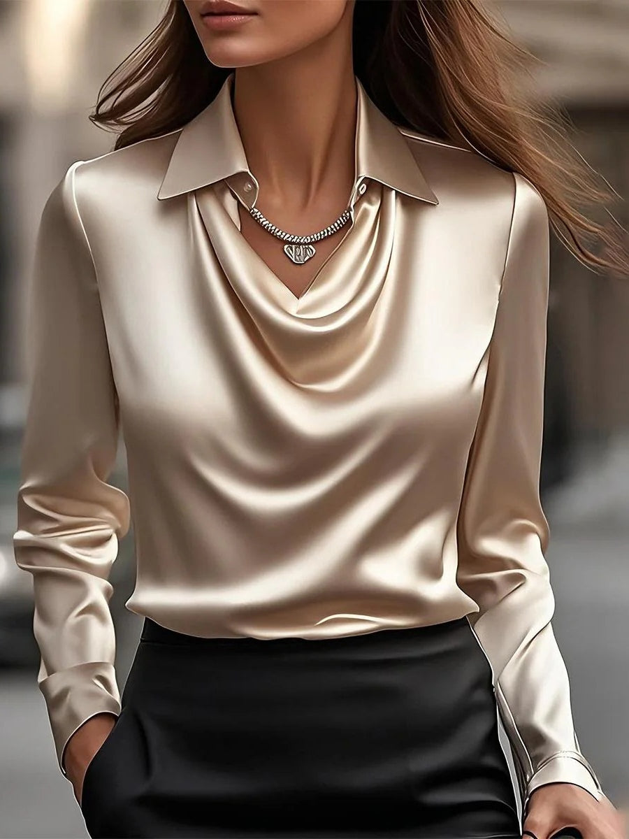 Solid Satin Flower Print Simple Swing Collar Shirt Top